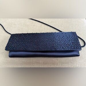 Vint. La Regale Womans Navy Blue Satin Beaded  Evening Bag Purse Shoulder Bag